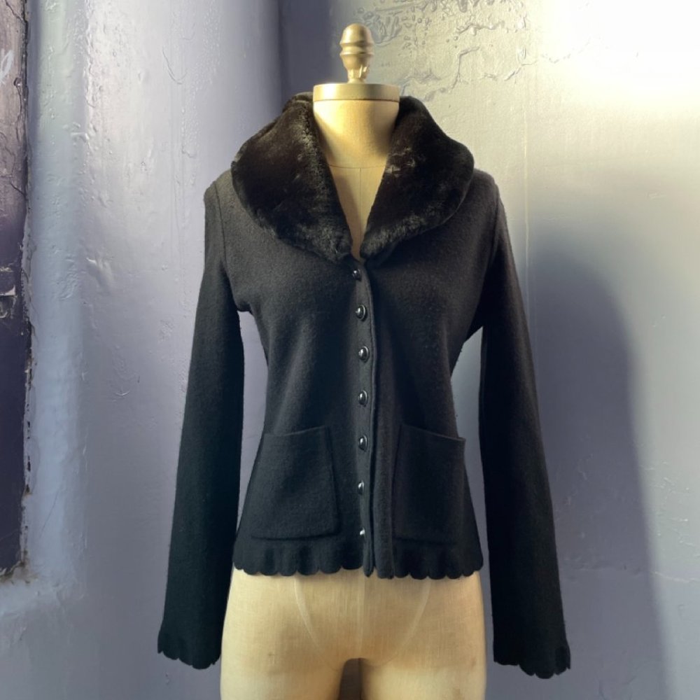 Sonia Rykiel wool & angora cardigan sweater with detachable fur collar